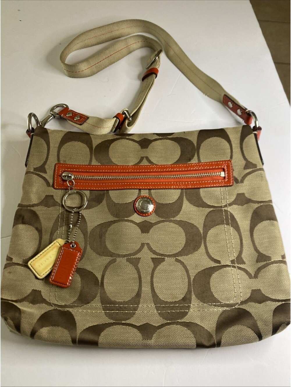 COACH Women's Brown Signature Pattern x Orange Leather Material Crossbody Shoul